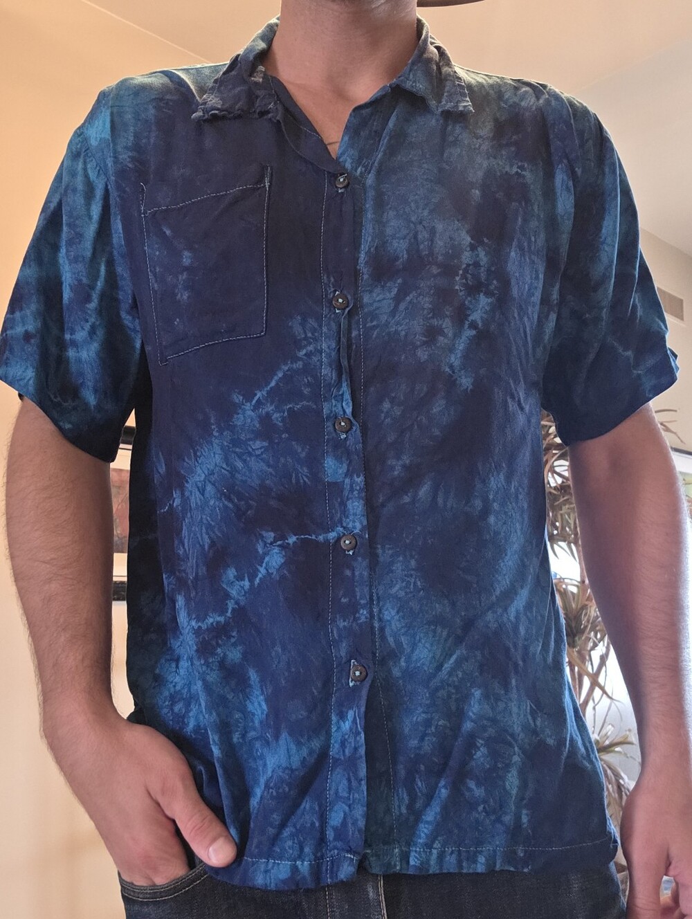 Hand Made, Indigo Dyed, Coconut Shell Button Organic Cotton Shirt